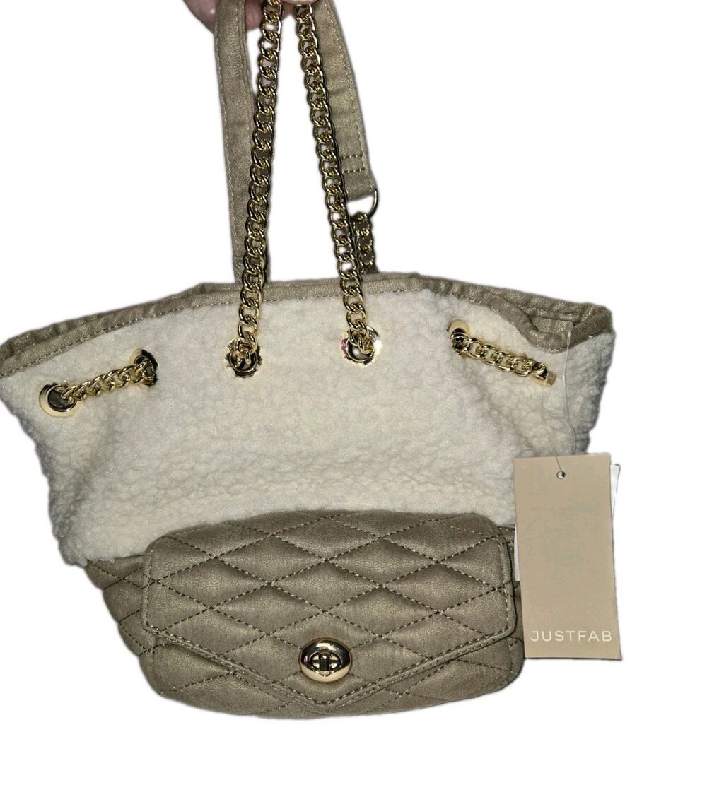 JUST FAB Quilted Sherpa Faux Fur Bag Purse Gold-Tone Chain Beige Ivory NWT